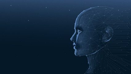A futuristic depiction of a digital human head silhouette, showcasing advanced technology and artificial intelligence concepts in a dark environment.