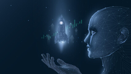A futuristic representation of technology's impact, showcasing a digital person contemplating a rocket launch. Symbolizes innovation and progress.