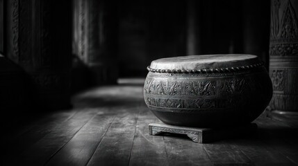 Dark room, wooden drum, ornate carvings