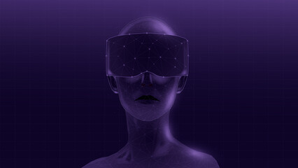 A futuristic mannequin wearing a virtual reality headset, set against a purple backdrop, symbolizing innovation and the digital future.