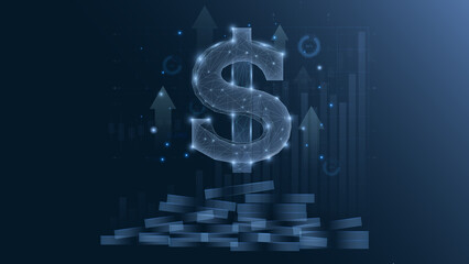 A digital representation of financial growth featuring a glowing dollar sign, bar graphs, and currency stacks, symbolizing investment and prosperity.