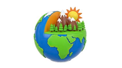 Cartoon Earth Cross-Section with Mountains, Trees, and Sun