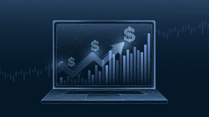 A modern laptop screen displays a financial graph with increasing dollar symbols, symbolizing growth and success in the business world.