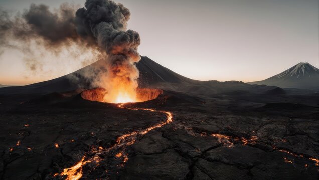 Volcano Eruption with Lava Flow and Ash Cloud at Dusk.