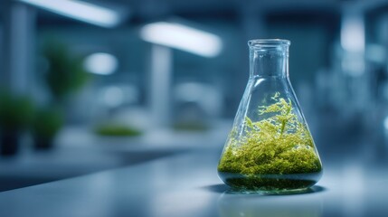 Laboratory experiment with green plants in a glass flask.