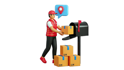 Delivery Person Placing Package in Mailbox with Location Pin Icon