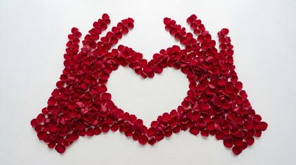 Red Rose Petals Arranged as Hands Making Heart Shape Flat Lay