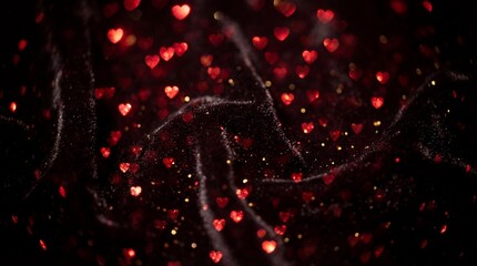 Abstract Red Heart Bokeh on Dark Black Velvet Background