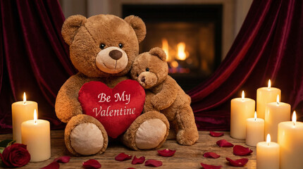 Romantic teddy bear couple with heart-shaped Be My Valentine against a candlelit background