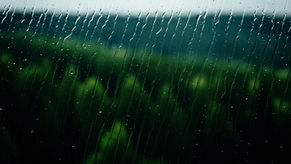 Rain Streaks Running Down Glass Window with Blurred Dark Green Background