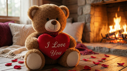 A cozy teddy bear holding a heart in front of a warm fireplace, with a sense of love and comfort. This teddy bear creates a heartwarming scene, enhanced by the glow of the fire