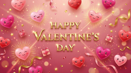Heart-shaped decorations and the inscription Happy Valentine's Day on pink background