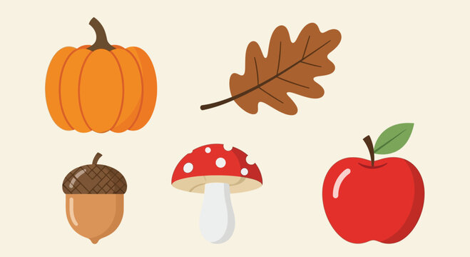 Set of autumn season elements with pumpkin apple and mushroom.