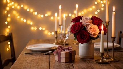 Romantic Dinner Table Setting with Red Roses Gift Box and Candlelight
