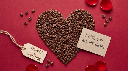 Charity And Donation Text With Coffee Bean Heart And Rose Petals Flat Lay