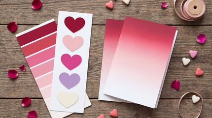 Flat Lay Valentine Hearts And Red Gradient Cards On Wooden Table