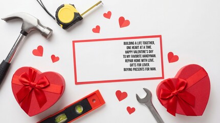 Building A Life Together Handyman Valentine Card With Tools And Gifts Flat Lay