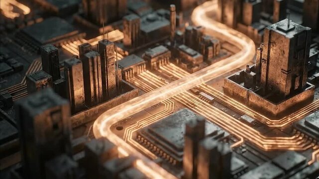 Inside a chip, showing data moving as beams of light instead of electricity