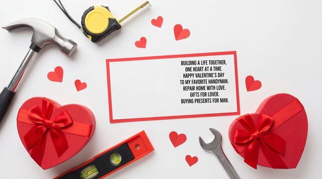 Building A Life Together Handyman Valentine Card With Tools And Gifts Flat Lay