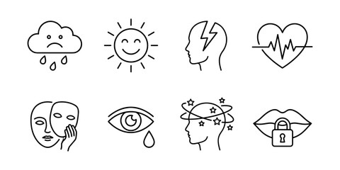 Emotions line icons set, mood stress anxiety and wellbeing