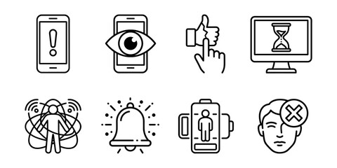 Digital wellbeing line icons set, attention control alerts and focus