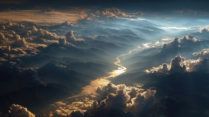 Majestic sunrise over mountain range with glowing river and dramatic clouds.