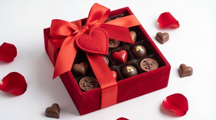 Red Velvet Gift Box With Chocolates And Rose Petals On White Background