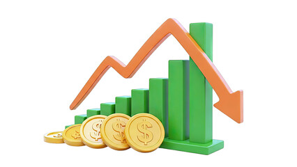 Stock Market Decline: Downward Arrow, Bar Graph, and Coins