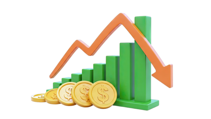 Stock Market Decline: Downward Arrow, Bar Graph, and Coins