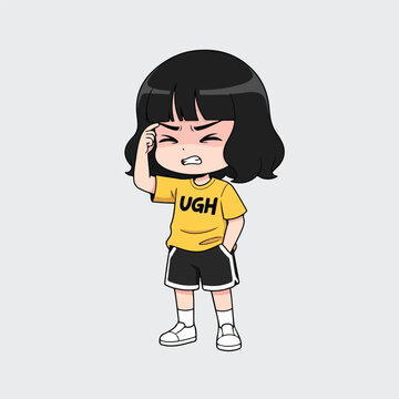 Cartoon girl with a thoughtful expression and a hand on her head.