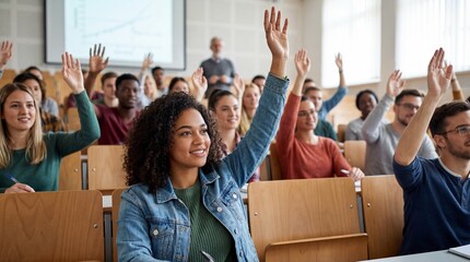Diverse students raising hands in university lecture hall classroom. Engagement participation learning education. Multiethnic group excited answering questions
