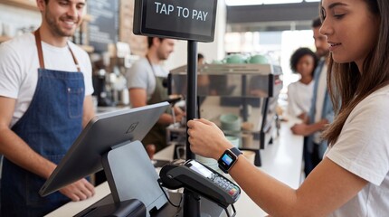 Fototapeta premium Young woman paying with smartwatch at coffee shop. Contactless NFC payment concept. Digital wallet transaction. Wireless pay. Tap to pay. Smart watch banking. Modern tech lifestyle.