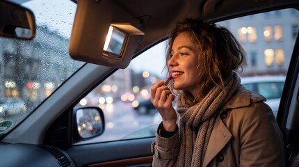 Beautiful young woman applying red lipstick in car sun visor mirror. Female driver fixing makeup inside vehicle. Rainy evening city lights. Girl getting ready. Beauty routine concept. Urban lifestyle.