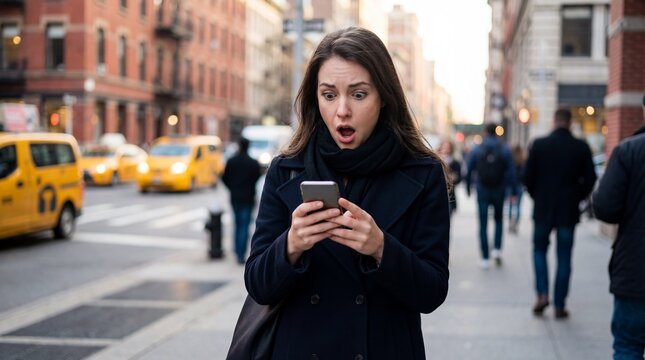 Shocked woman reading surprising breaking news text message on smartphone in busy urban city street with yellow taxi cabs pedestrians buildings lifestyle moment