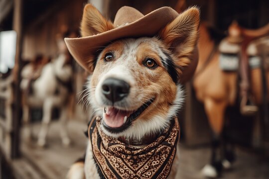 Happy Cowboy Dog Poses for Portrait Brown hat with bandana, and smiling in a stable.