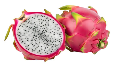 Vibrant Dragon Fruit Whole And Halved Isolated On Black