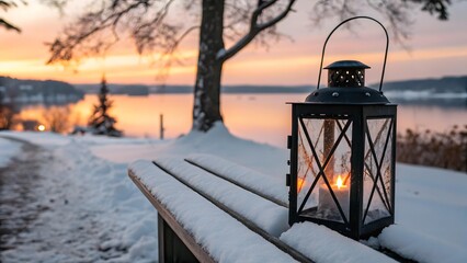 A charming black lantern with a flickering candle illuminates a snow-covered wooden bench beside a calm lake at sunset.