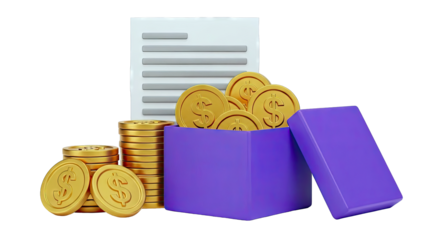 Gold coins in a box with financial document