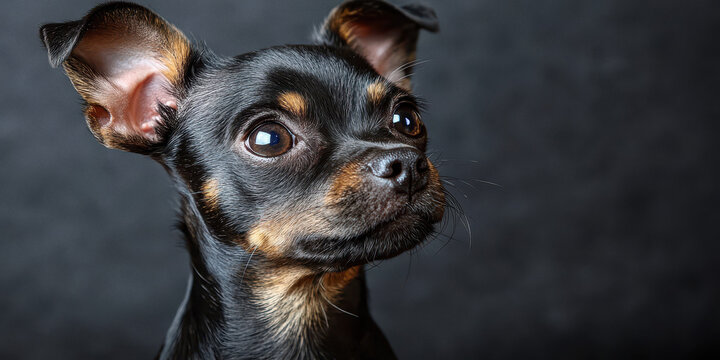 Alert Small Black Dog Portrait on Dark Background
