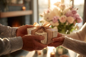 Hands exchanging a gift in a cozy room setting