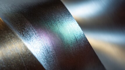 Close-up of metallic texture with iridescent reflections and subtle light play.
