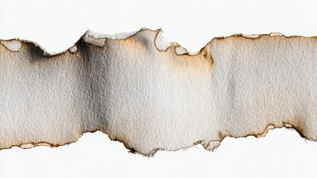 Textured torn paper with burning edges and smoky effects on white background.