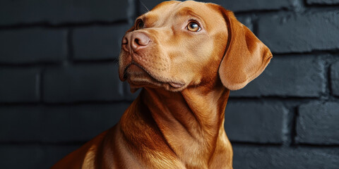 Alert Brown Dog Portrait Against Dark Brick Wall
