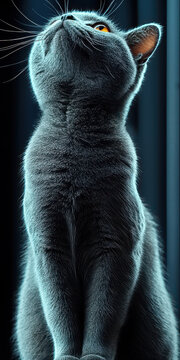 Curious Gray Cat Looking Up in Soft Light