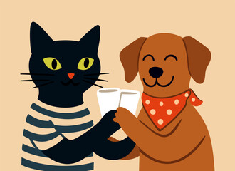 Pet shop advertisement. Black cat and brown dog toasting drinks. Vector illustration