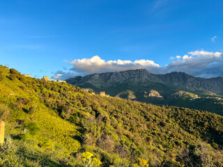 Lush green hills and mountains at sunset in the Kabylie region of Algeria under a blue cloudy sky.
