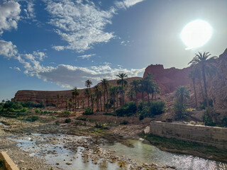 Scenic view of a river flowing through a palm tree oasis at the base of rocky cliffs under a bright sun.