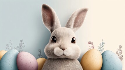 Cute white bunny with pastel Easter eggs in ceramic bowl on blue background, spring holiday concept.