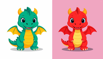 Cute Cartoon Dragons on White and Pink Backgrounds
