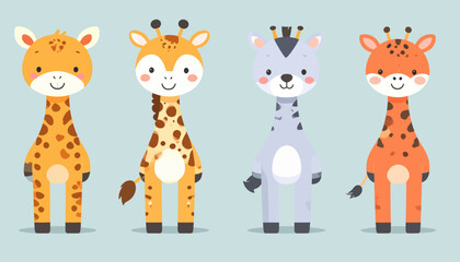 Cute Giraffe Cartoon Characters in a Row